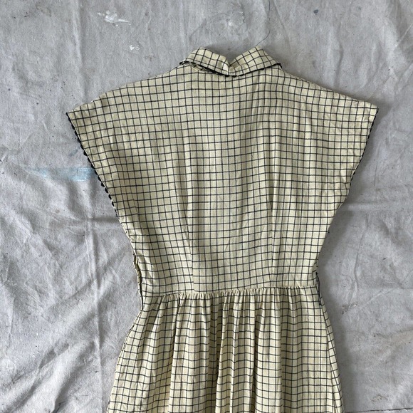 1940s Ivory/Black Cotton Checker Print Peter Pan Collar Day Dress Pockets RicRac - Picture 8 of 8
